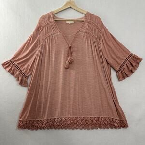 Farmers Market Peasant Blouse Top Plus Womens 3X Lace Embroidered Tasseled Knit